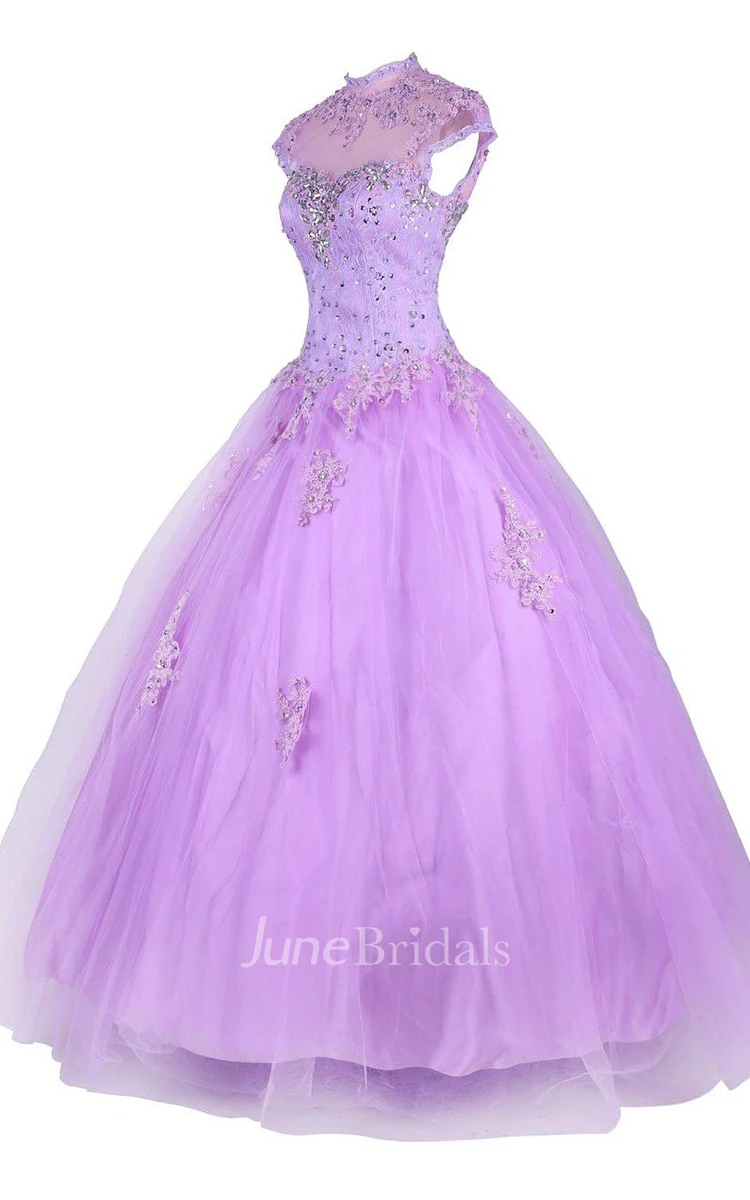 Cap-sleeved A-line Ballgown With Beadings and Illusion