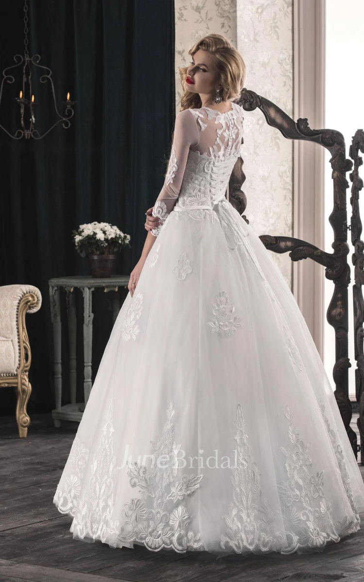 A-Line Long Sleeve Tulle Lace Dress With Bow Split Front Split Illusion