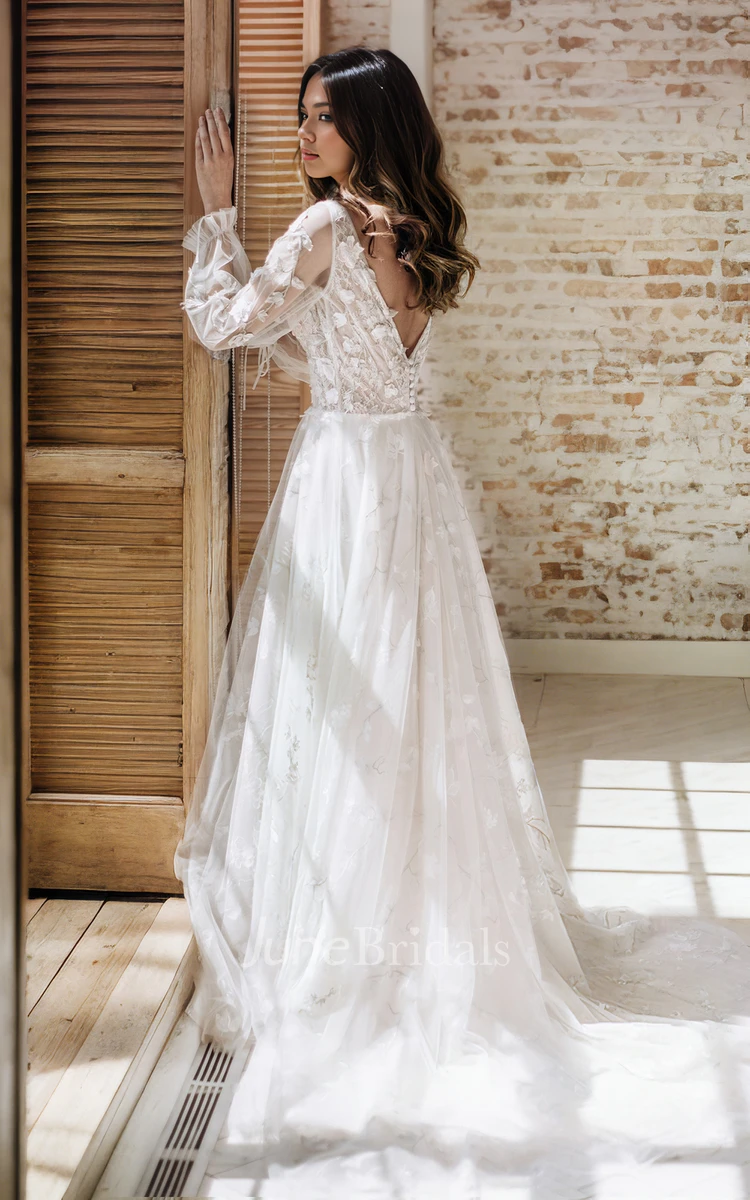 Ethereal Floral A-Line Sheer Long Sleeve Boho Lace Wedding Dress Whimsical Modern V-Neck Low Back Appliques Bridal Gown