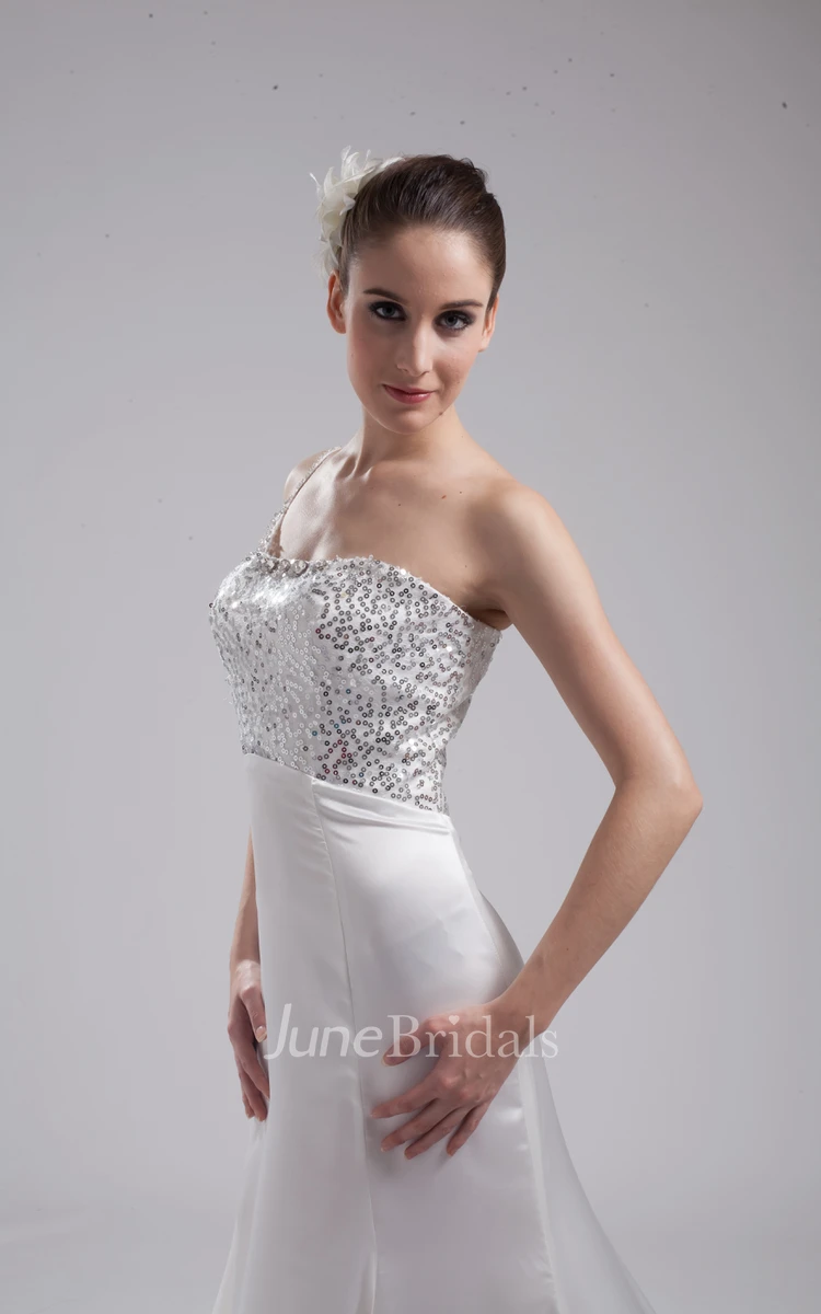 Sleeveless Satin Dress With Sequined Top and Single Strap