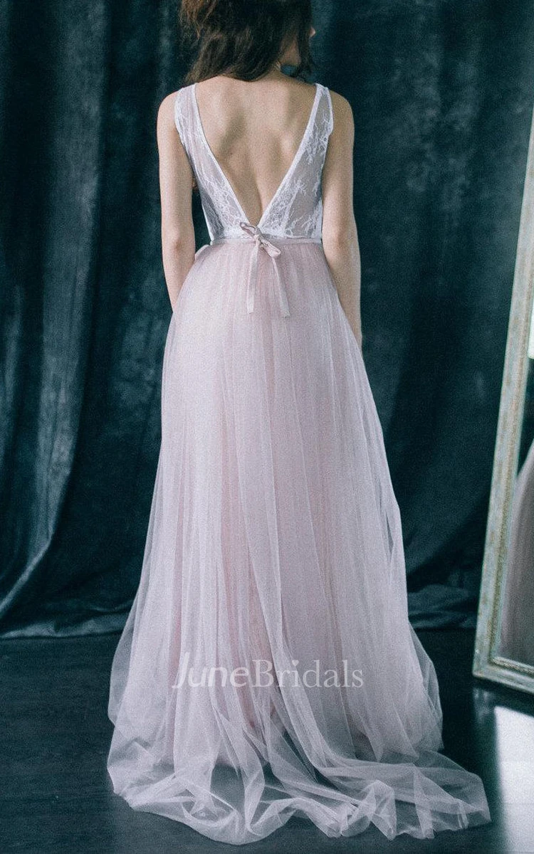 A-line Sleeveless Sleeve Backless Tulle&Lace&Satin Dress