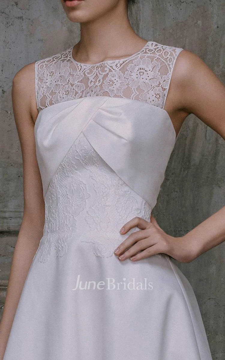 A-Line Scoop Sleeveless Satin Lace Dress With Illusion Back