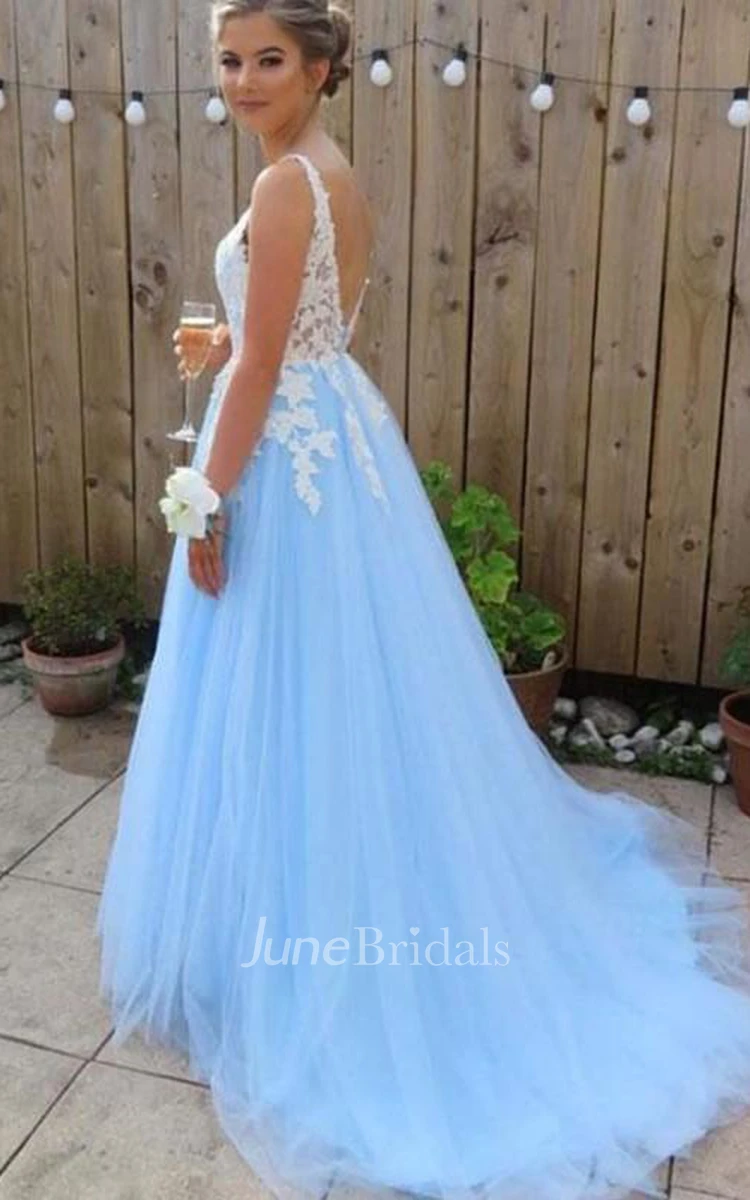 Adorable A Line Tulle Straps V-neck Sleeveless Prom Dress with Appliques and Pleats
