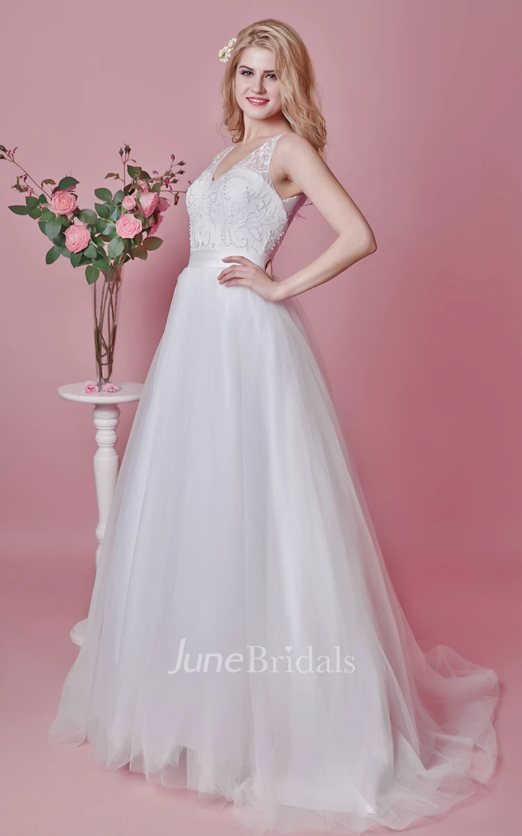 Noble Lace-appliqued and Tulle Gown With Illusion Back and Symmetrical Lace