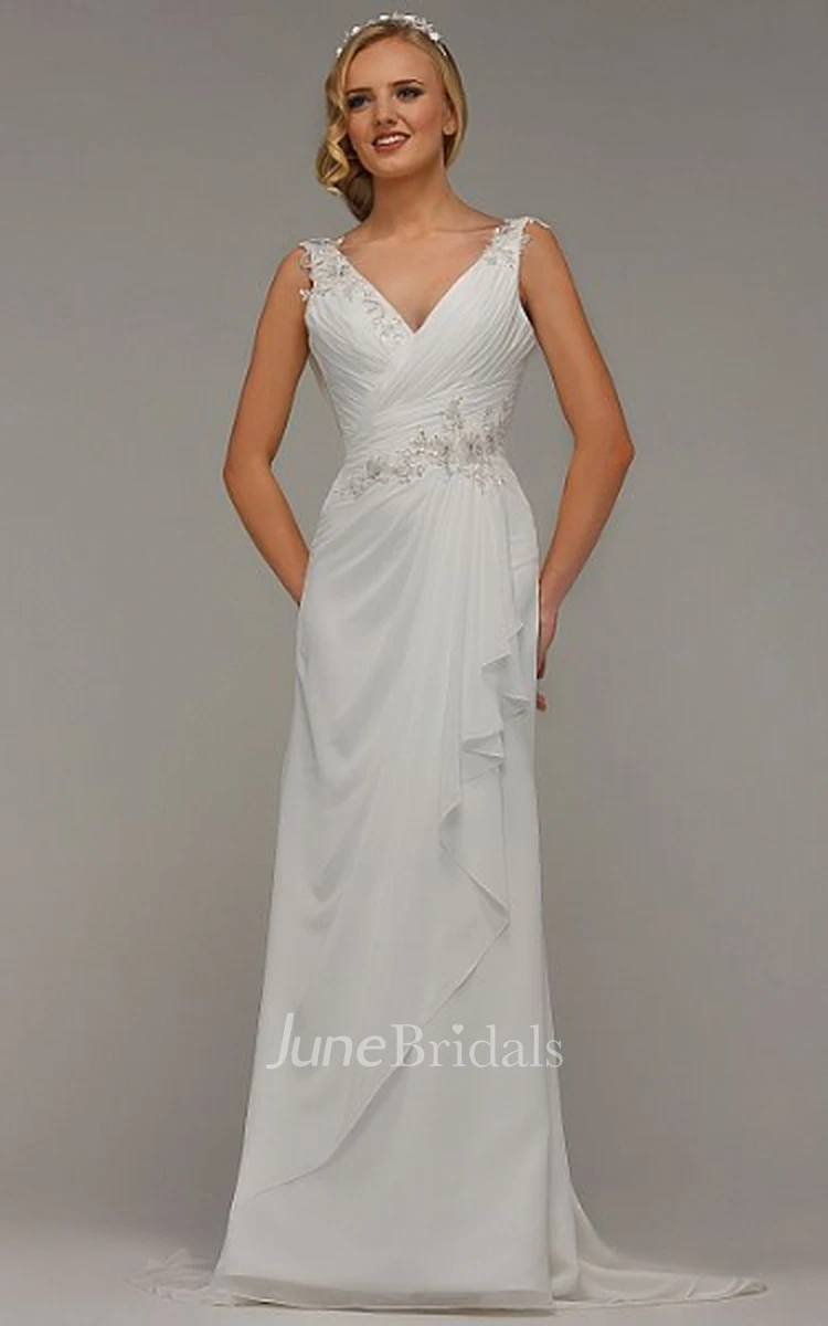 Sparkly Elegant V-Neck Sleeveless Sheath Wedding Dress Sexy Unique Cowl Back Backless Ruched Ruffled Bridal Gown