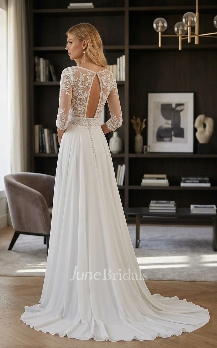 Bohemian 3/4 Sleeves V-Neck Lace Wedding Dress A-Line Modern Chiffon Bridal Gown with Front Slit
