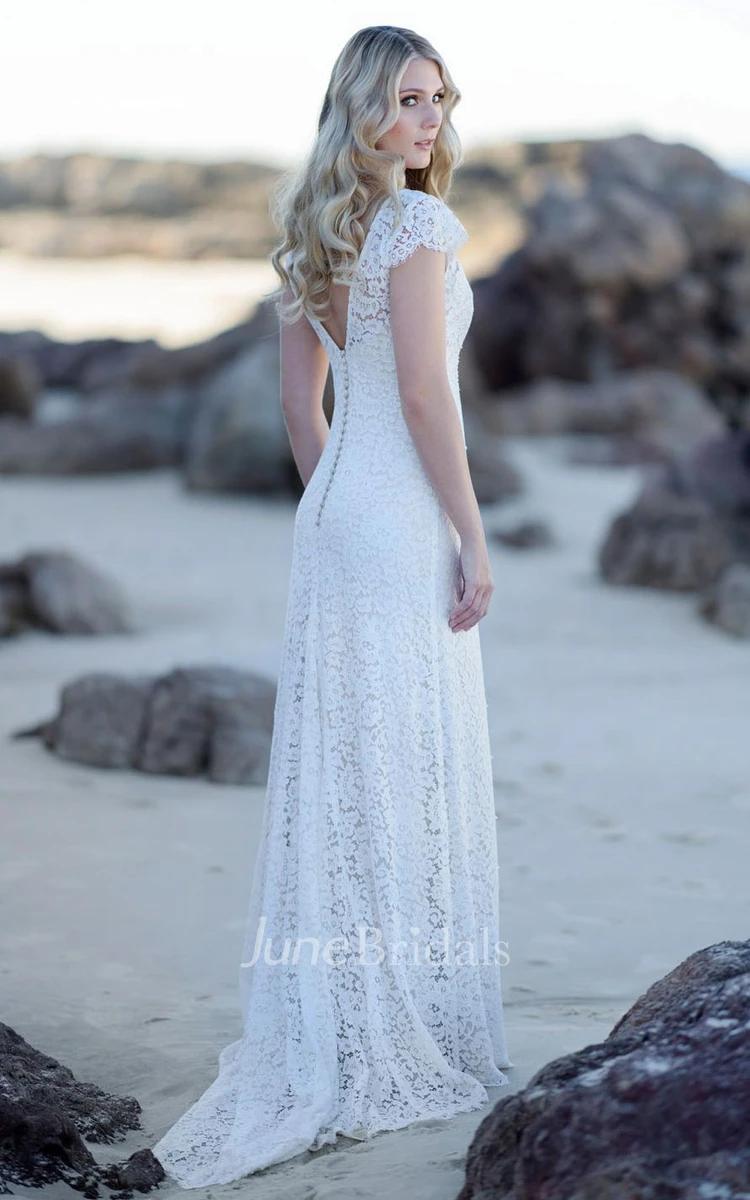 Elegant Lace V-neck Sheath Floor-length Low-V Back Wedding Dress