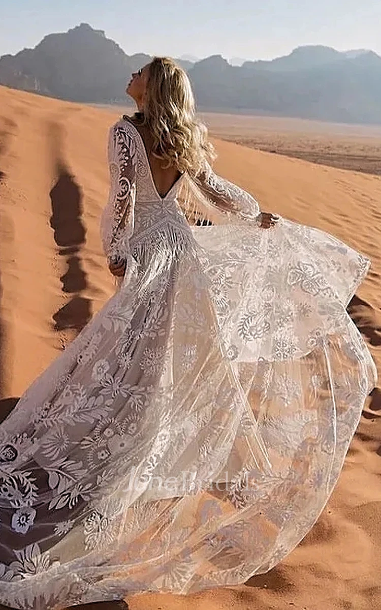 Western Modest Boho A-Line Lace Sleeved Wedding Dress Floral Elegant Elopement Casual Plunging Court Train Bridal Gown with Fringe