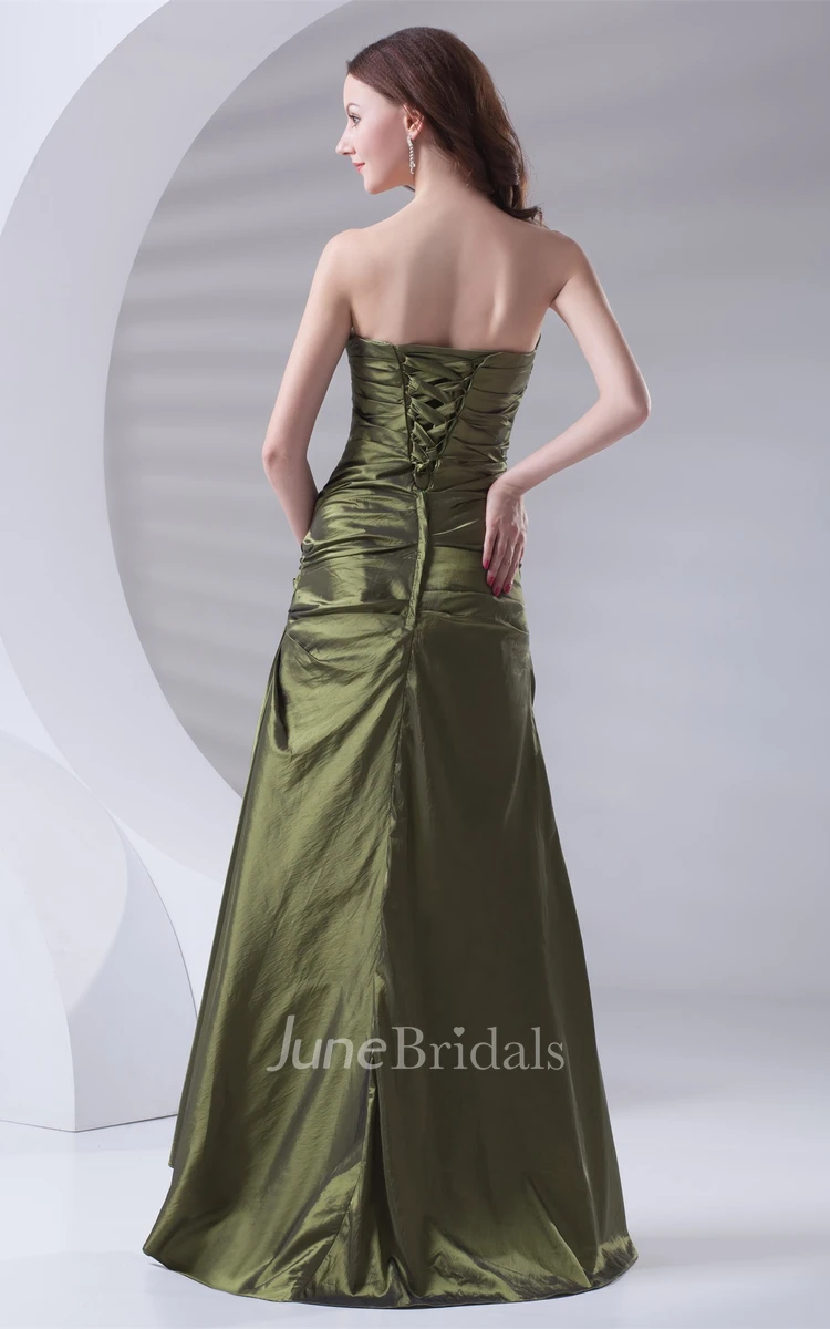 strapless ankle-length satin dress with ruched bodice and bow