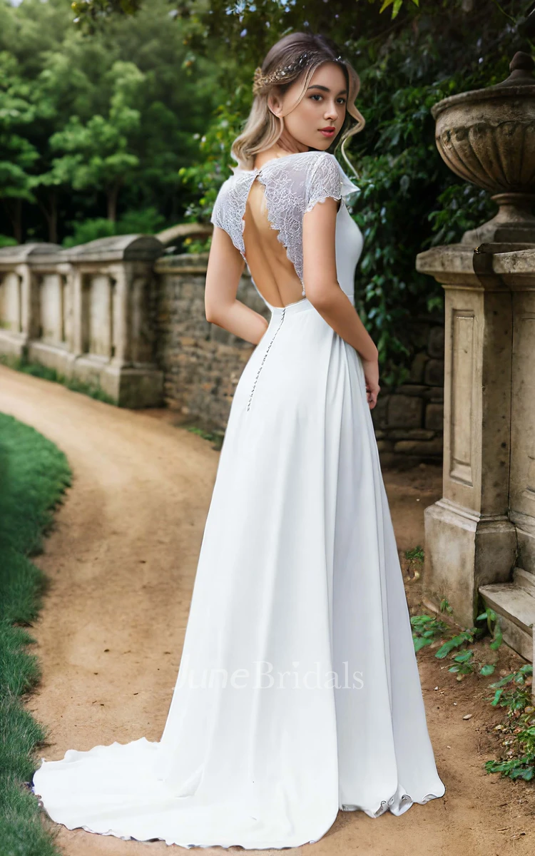 A-Line Satin Bateau Casual Lace Bell Keyhole Solid Trailing Reception Wedding Dress
