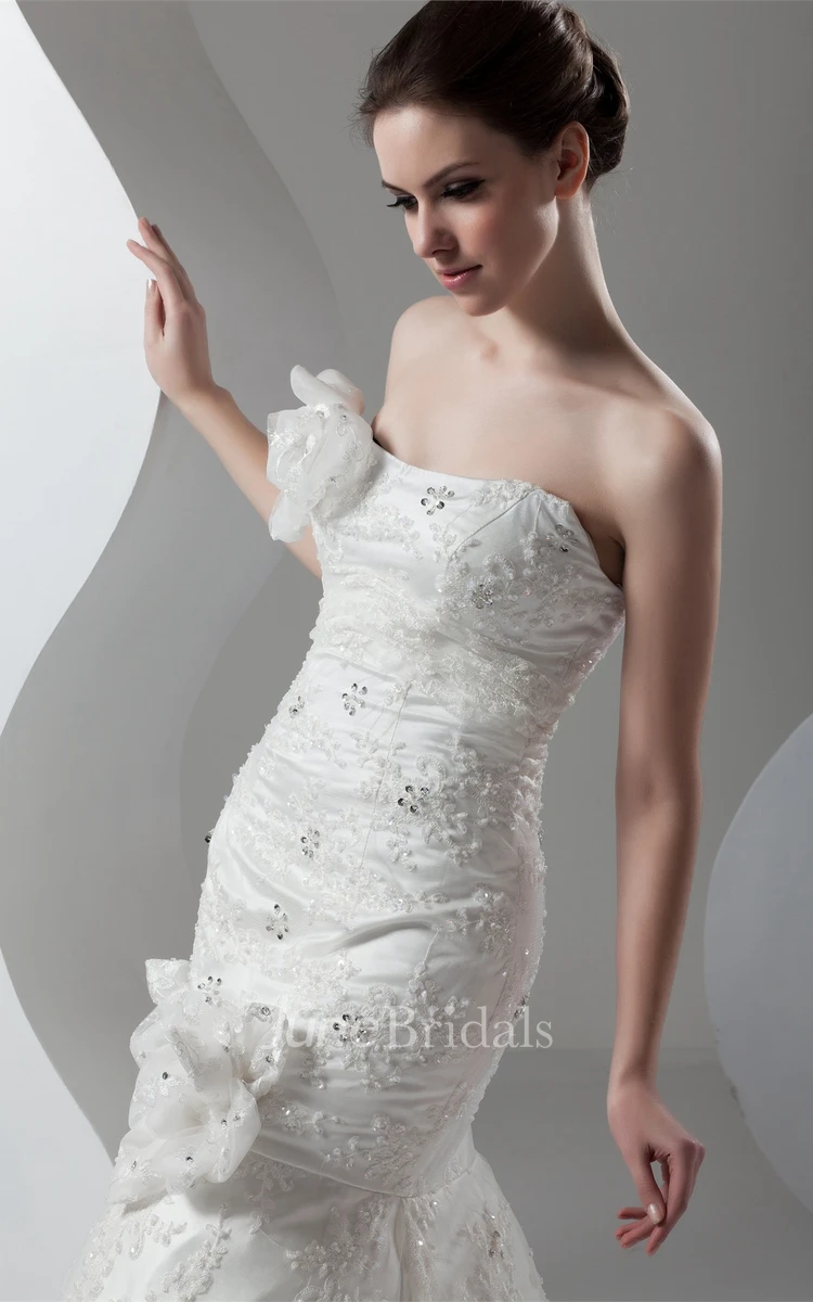 Strapless Lace Floor-Length Dress with Flower and Beading