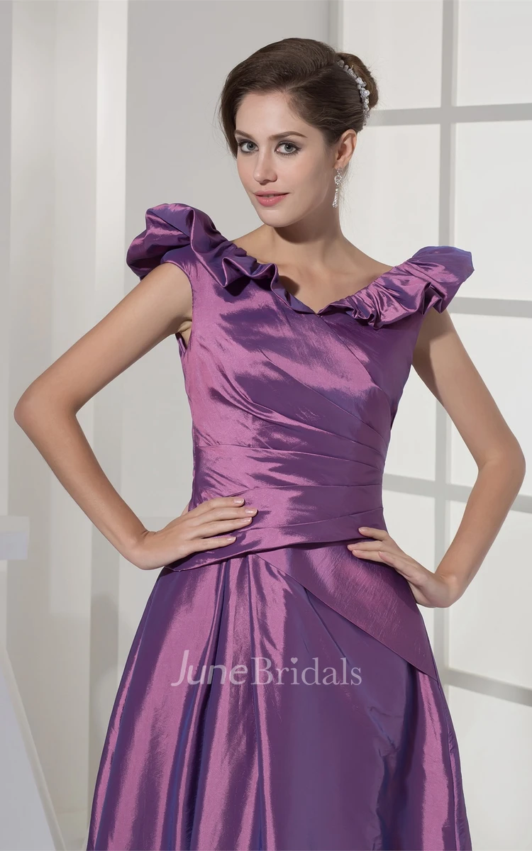 Satin A-Line Draped Gown with Ruffled V Neckline