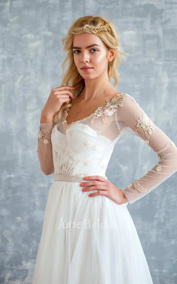 Illusion Long Sleeve Tulle A-line Floor-length Wedding Dress With Appliques