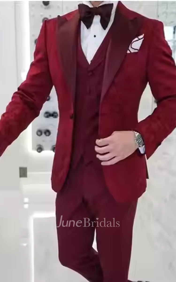 Modern Floral 3 Piece Slim Fitted Men's Wedding Tuxedo Stylish Fashion Burgundy Red Party Prom Suits Blazer Jacket Vest Pants