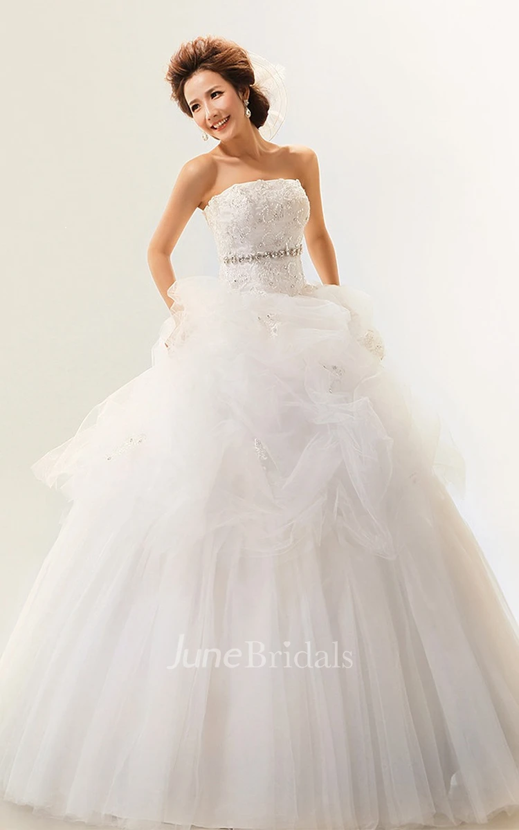 Intricate Strapless Ruffled Ball Gown With Crystal Detailing