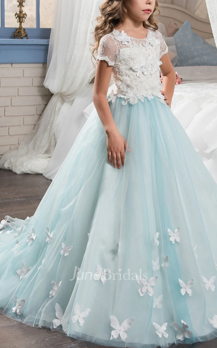 Tulle Scoop Short-Sleeve Laced Flower Girl Dress with Applique