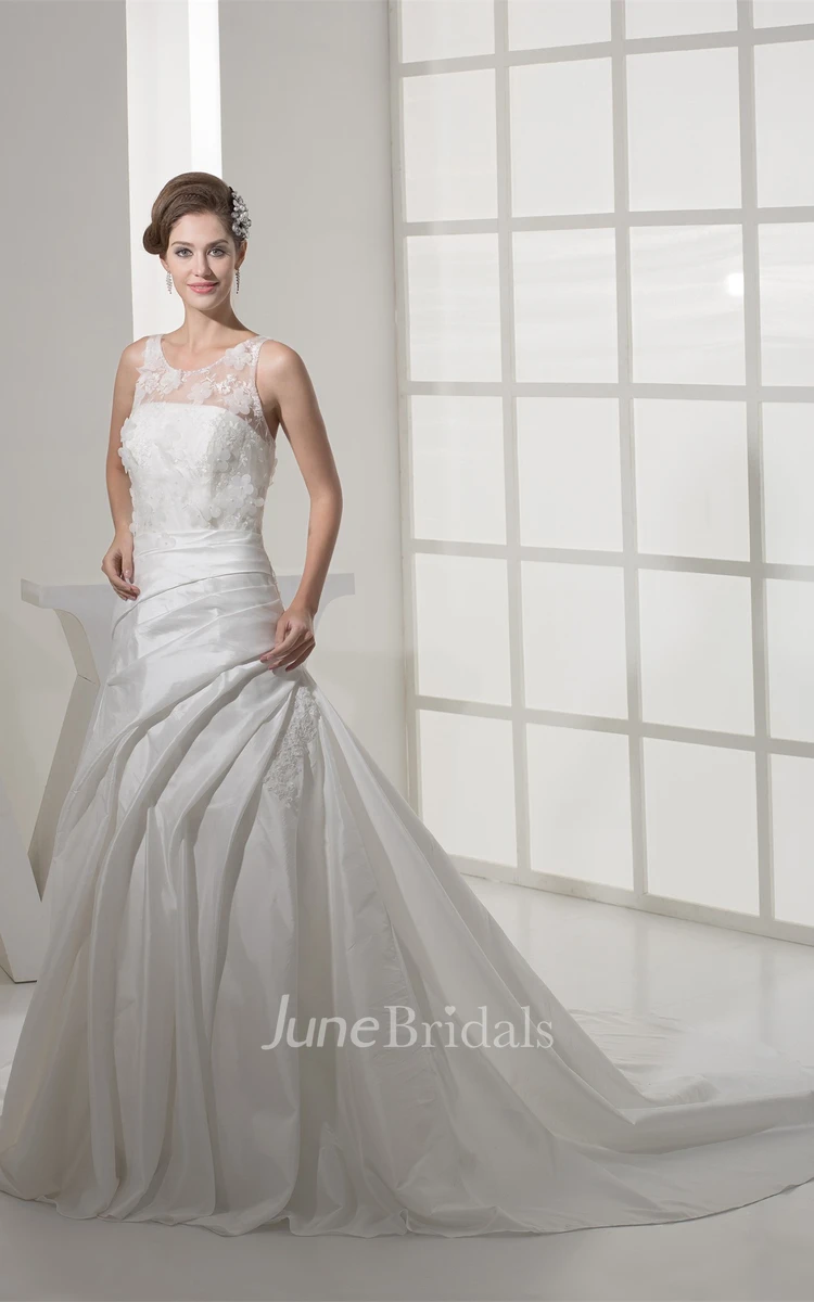 Floral Sleeveless A-Line Appliqued Gown with Draping and Illusion Neckline