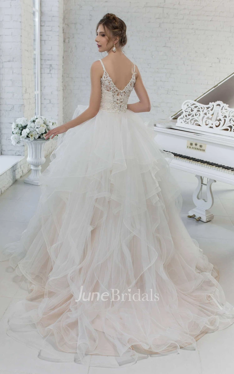 Tulle Ball Gown Ruffled Spaghetti-Strap Wedding Dress With Appliques