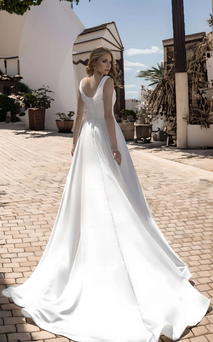 Modern Satin A-Line Simple Wedding Dress Sleeveless Scoop Solid Train Gown