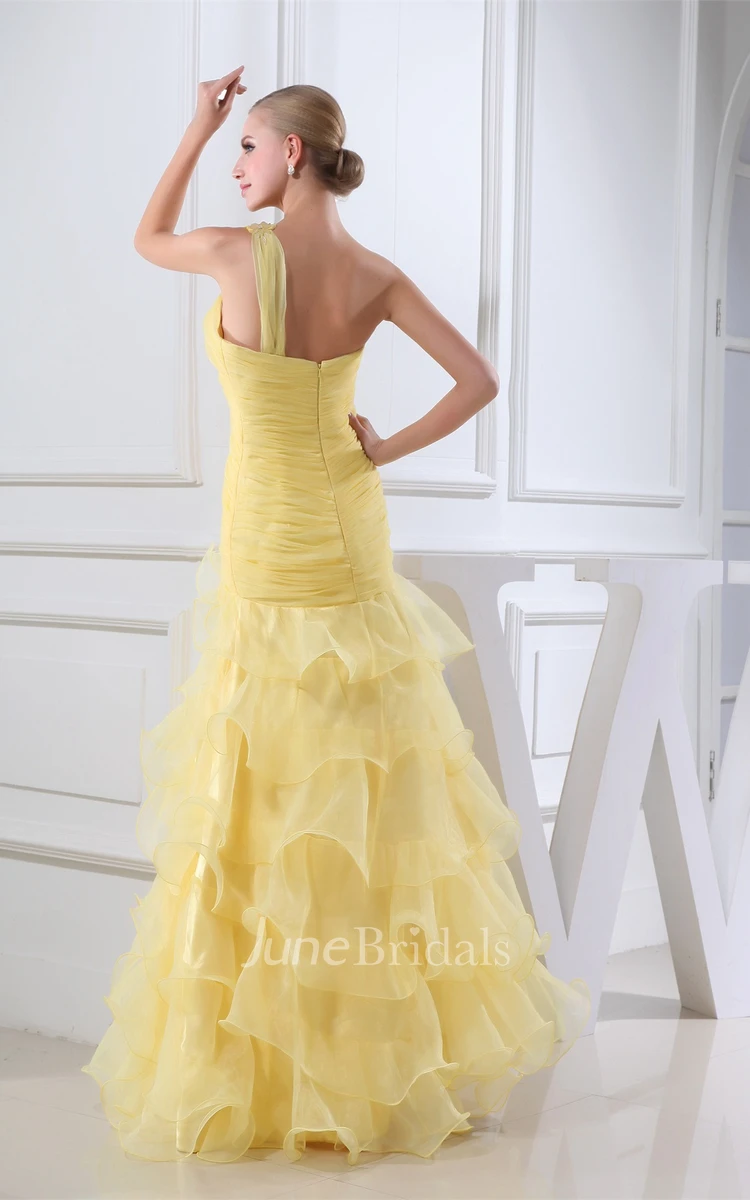 One-Shoulder Ruffled A-Line Gown with Ruching and Tiers