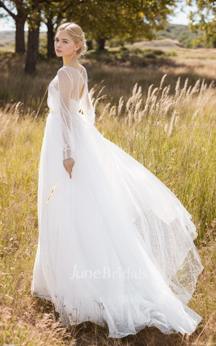 Elegant Flowy A-Line Garden Wedding Dress Long Sleeve Sweetheart Ruching Train