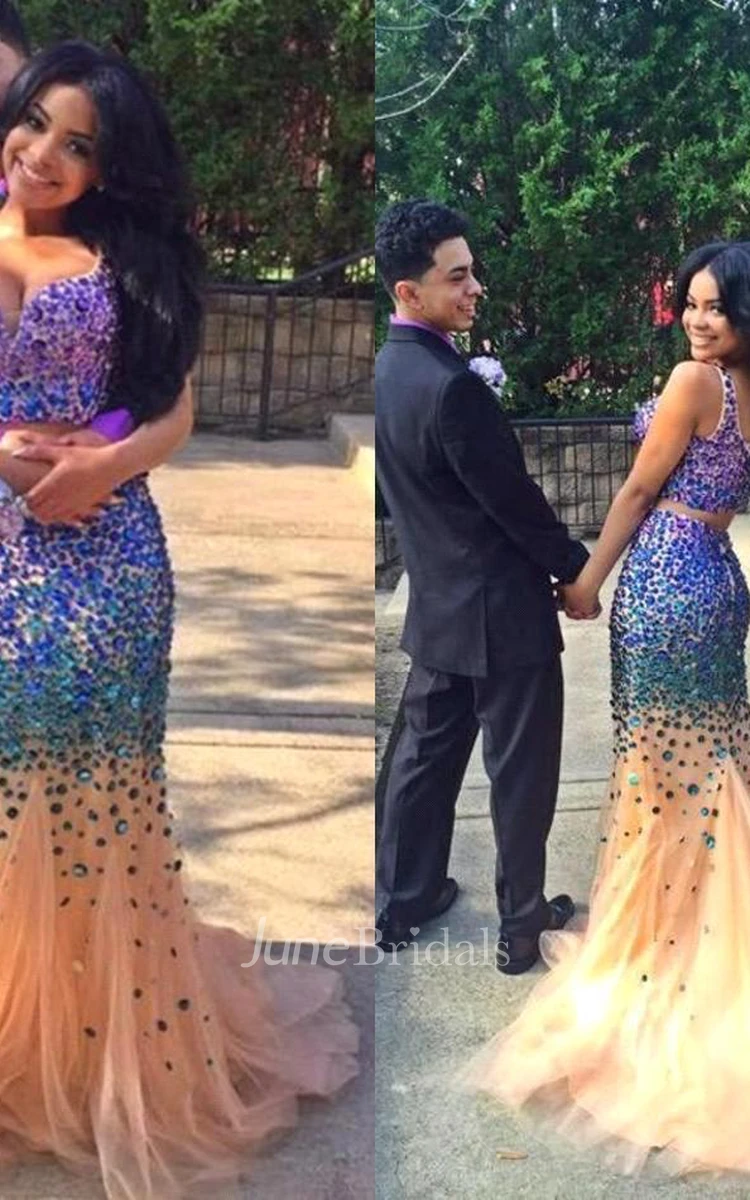 Luxurious Two Pieces Prom Dresses Mermaid Tulle With Crystals