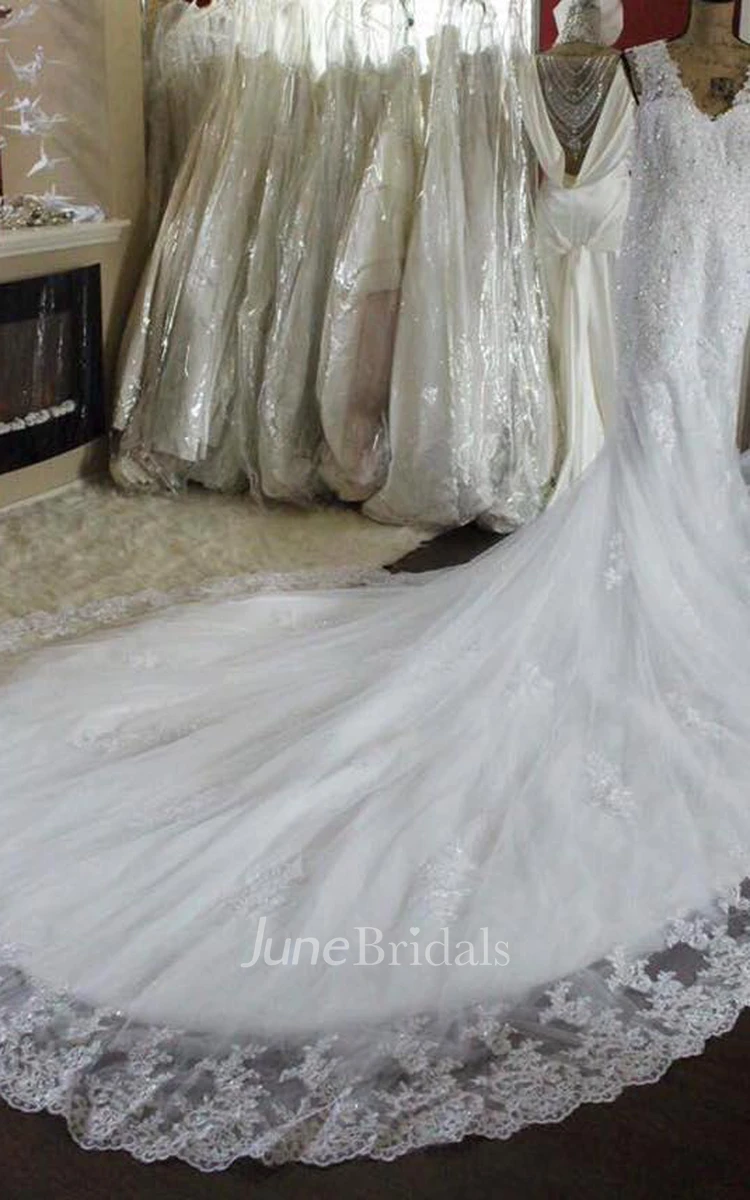 Luxury V-Neck Mermaid Beaded Wedding Dress With Cathedral Train