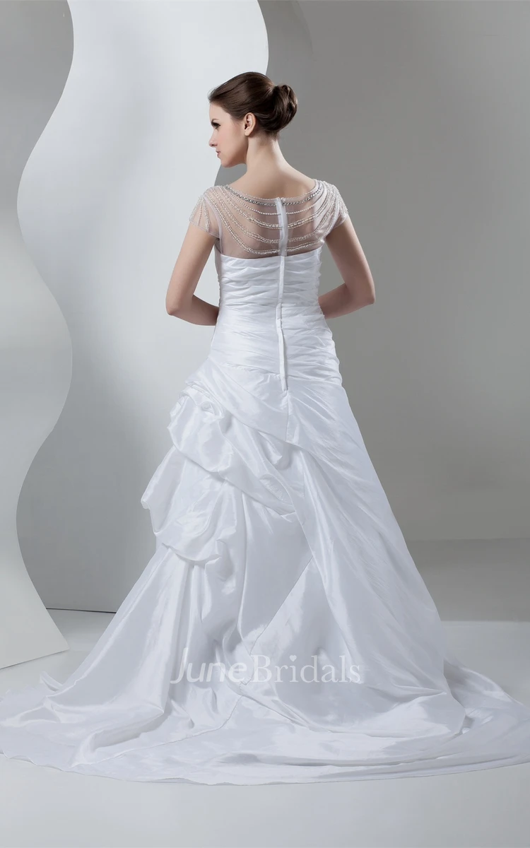 Caped-Sleeve Pick-Up A-Line Gown with Ruching and Illusion Neckline