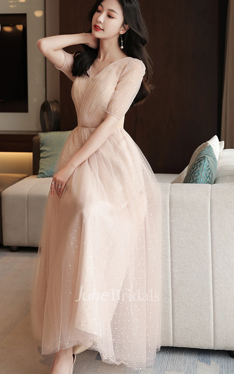 Simple Tulle Off-the-shoulder Square V-neck A Line Evening Formal Dress With Ruching