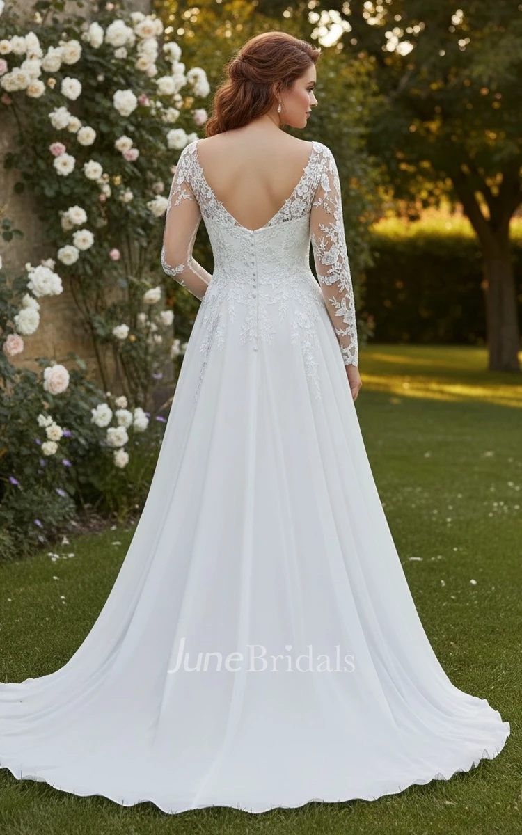 Plus Size Lace A-Line Wedding Dress Illusion Long Sleeves V-Neck Bridal Gown