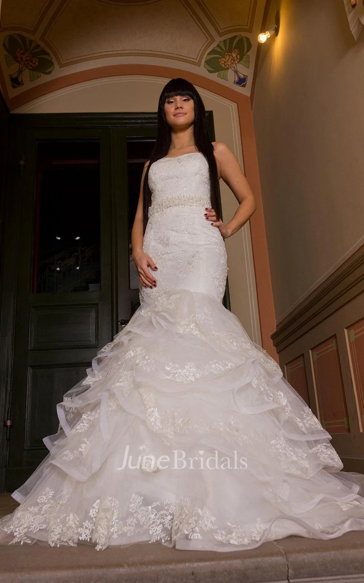 Strapless Mermaid Wedding Dress With Frilly Tulle Skirt and Beading Detailing