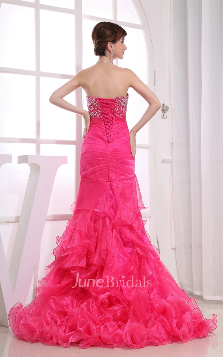 Strapless Ruffled Maxi Dress with Flower and Gemmed Bodice