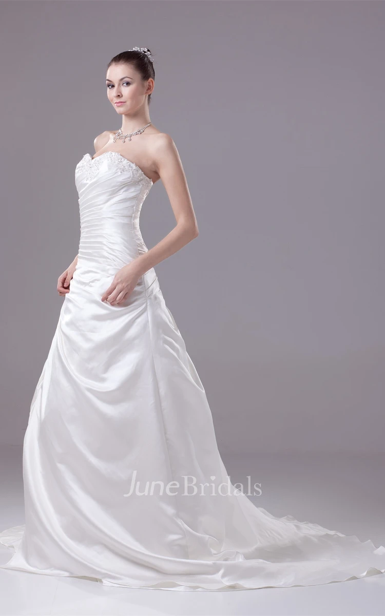 Sweetheart A-Line Beaded Ruched Satin Gown with Beadings and Ruffles