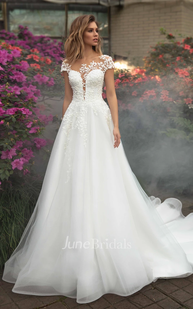 Modern A Line Lace Tulle Wedding Dress With Cap Sleeve And Plunging Neckline 