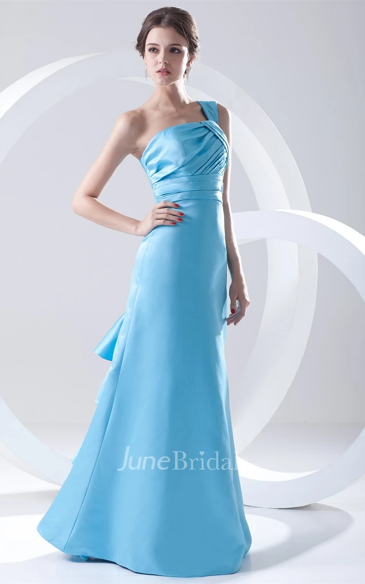 one-shoulder sheath floor-length dress with back tiers and ruching