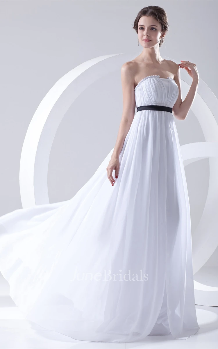 chiffon maxi pleated dress with brush train and empire waist