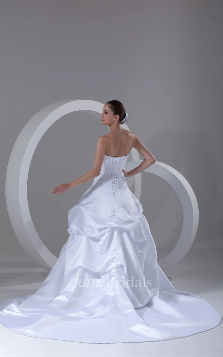 strapless ball pick-up gown with corset back and appliques