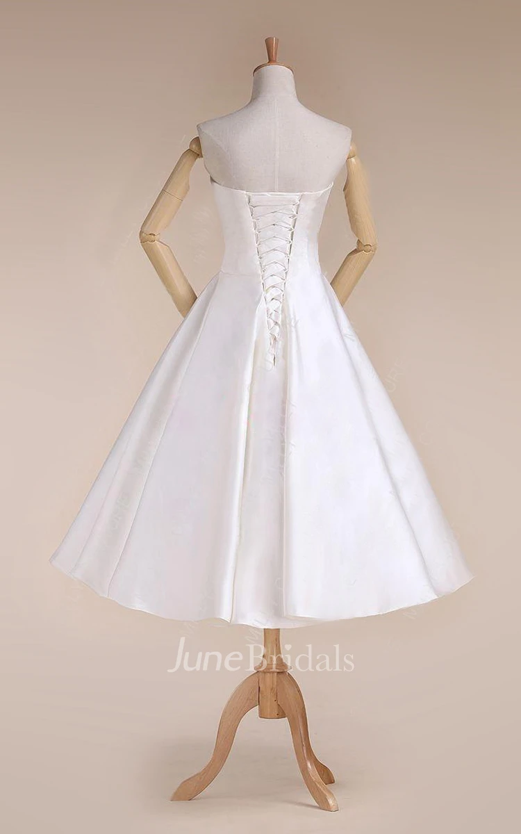 Sweetheart Tea-Length Satin Wedding Dress With Lace-Up Back