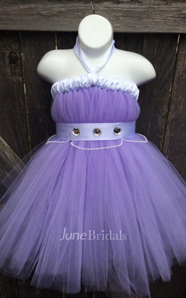 Halter Neck Tulle Dress With Beading Sash and Pleated