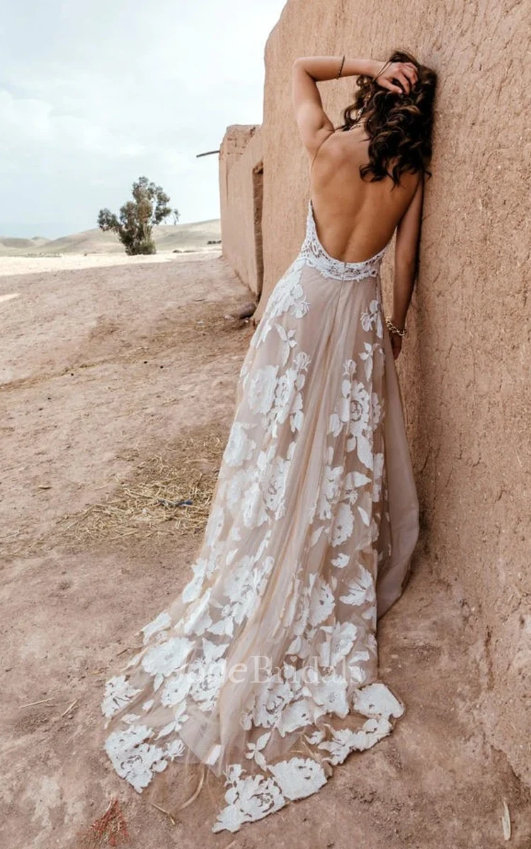 Bohemian Vintage Lace A-Line Halter Floor-length Wedding Dress Beach Sleeveless Open Back Flowers Lace Bridal Gown