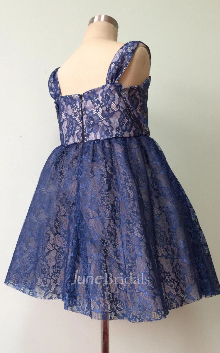 Navy Blue strapped Lace Flower Girl Dress With Pleated 