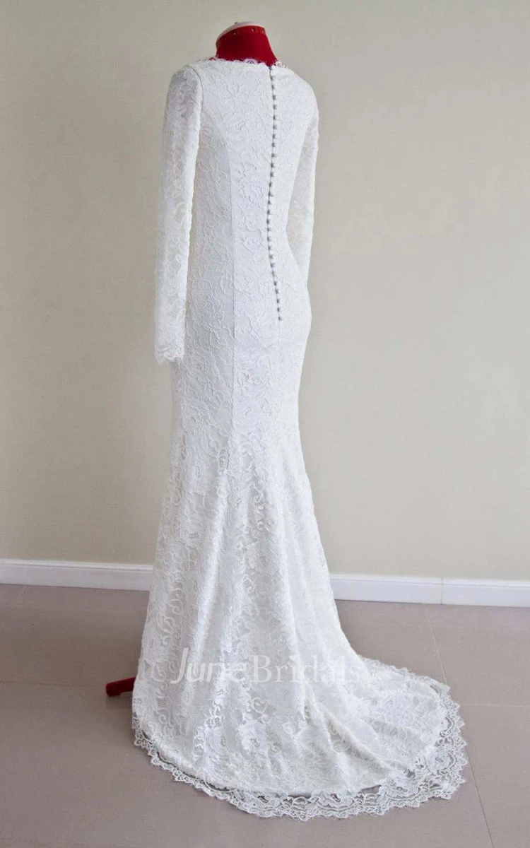 Scalloped-Neck Satin Lace Button Wedding Dress With Zipper