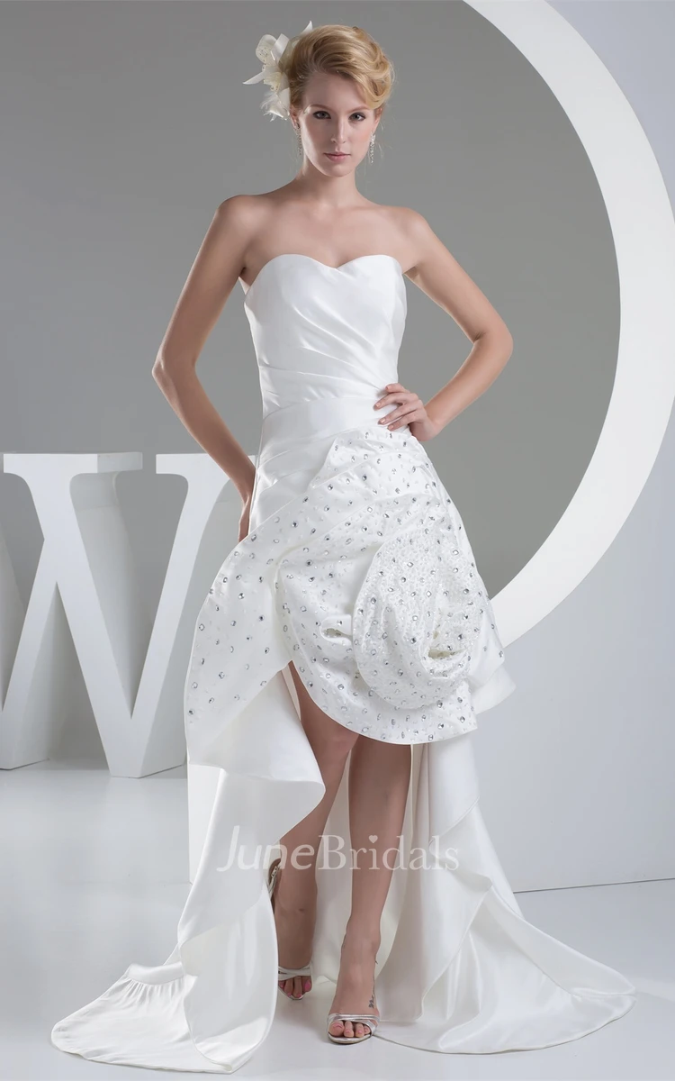 Strapless Ruched Satin Dress with Rhinestone and Sweep Train