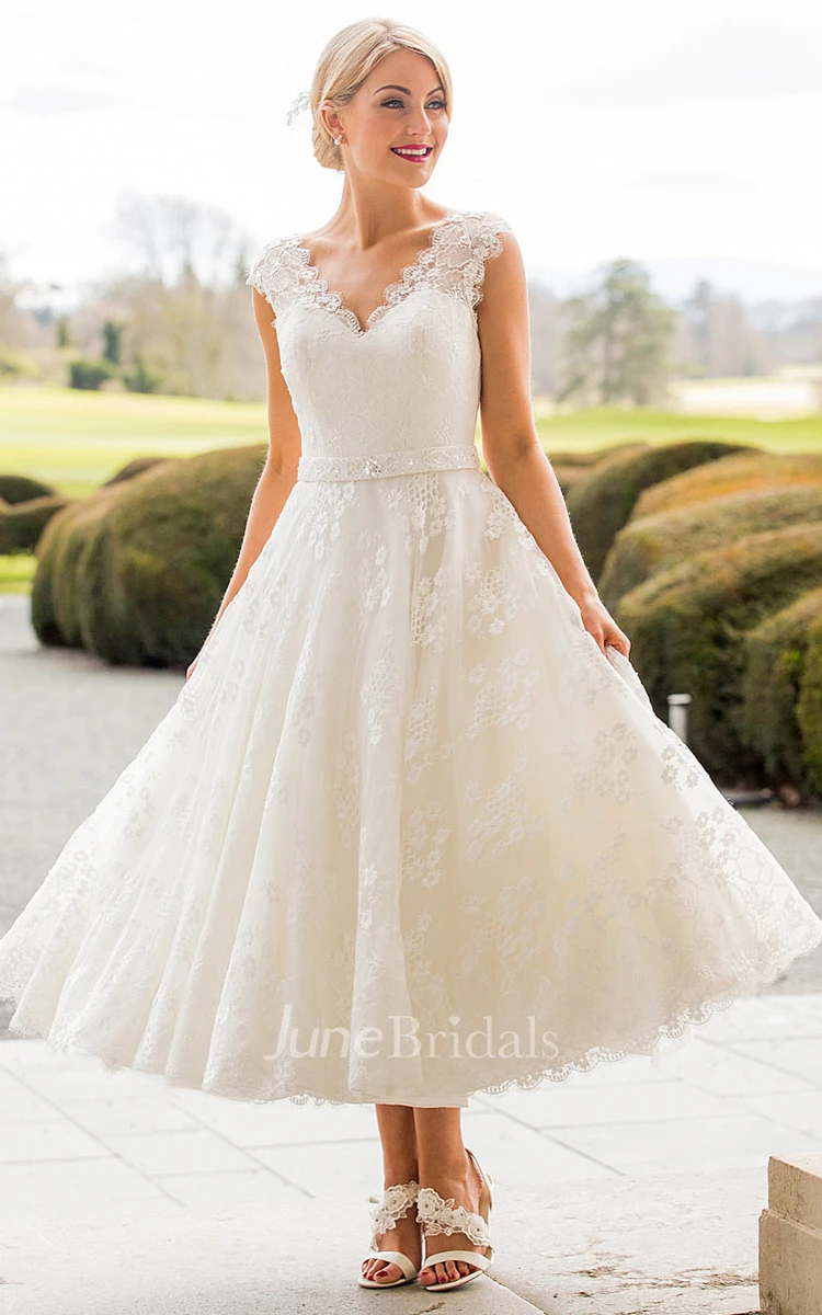 A Line Tea Length Appliqued Scalloped Cap Sleeve Lace Wedding Dress June Bridals