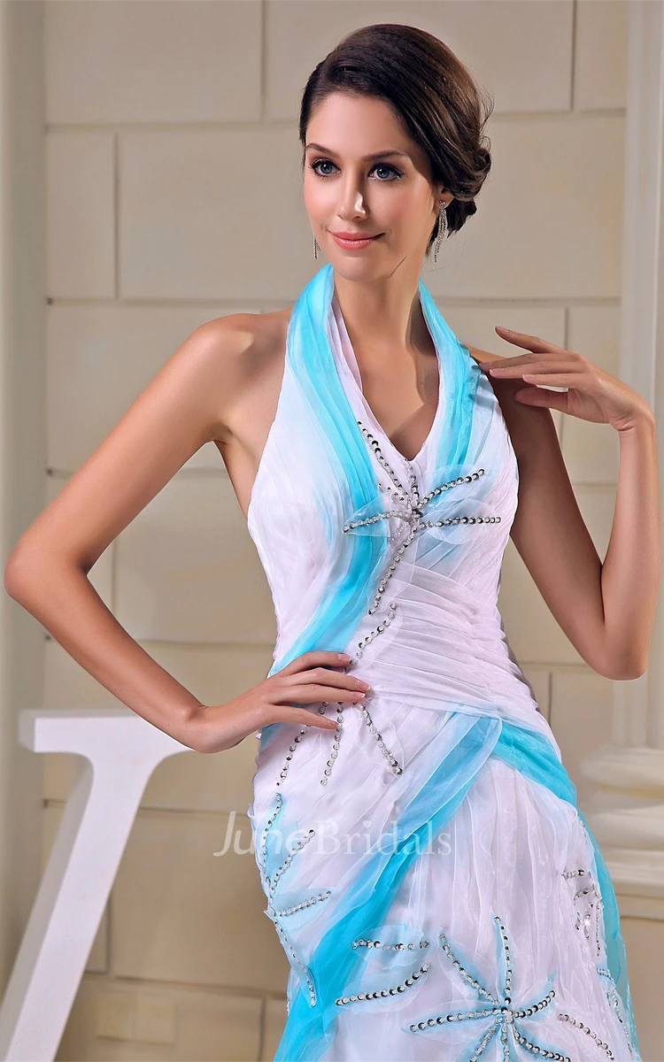 Haltered Sleeveless Mermaid Tulle Dress with Ruching and Beading