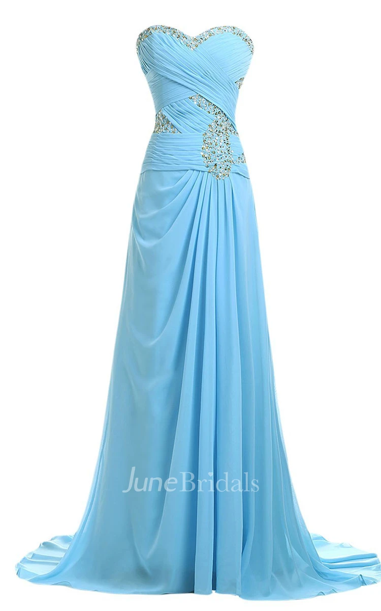 Sweetheart Rhinestoned Criss-cross Chiffon A-line Gown With Drapping