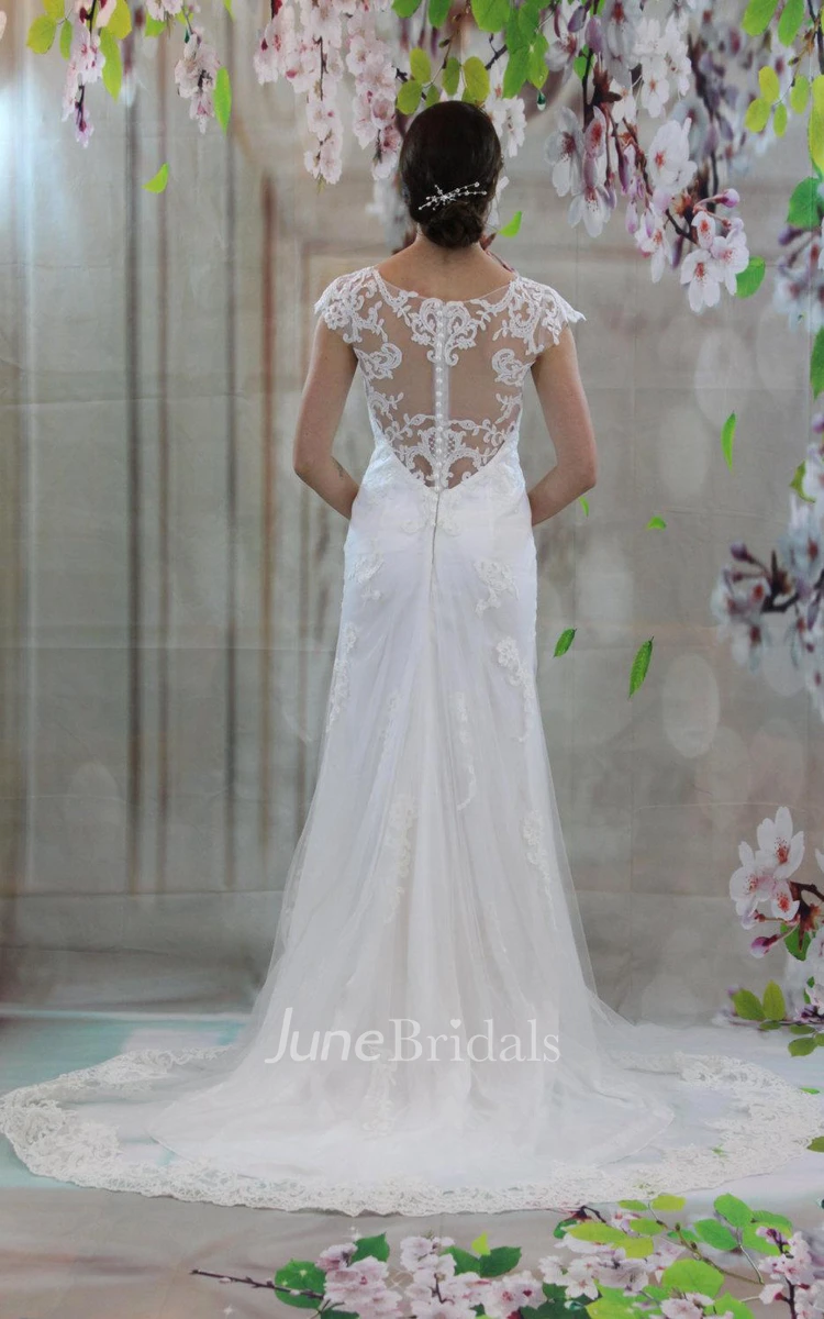Jewel Neck Cap Sleeve Sheath Appliqued Wedding Dress With Sheer Back