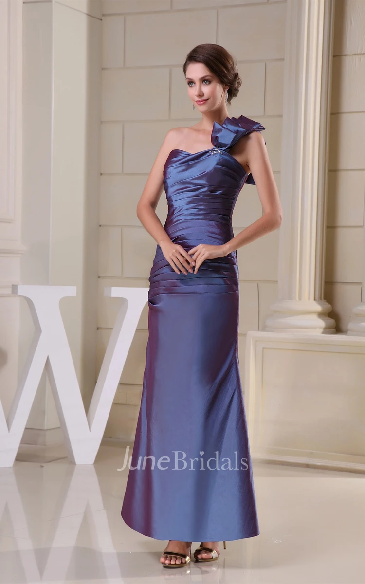 Sleeveless Satin Ankle-Length Dress with Ruching and Single Strap