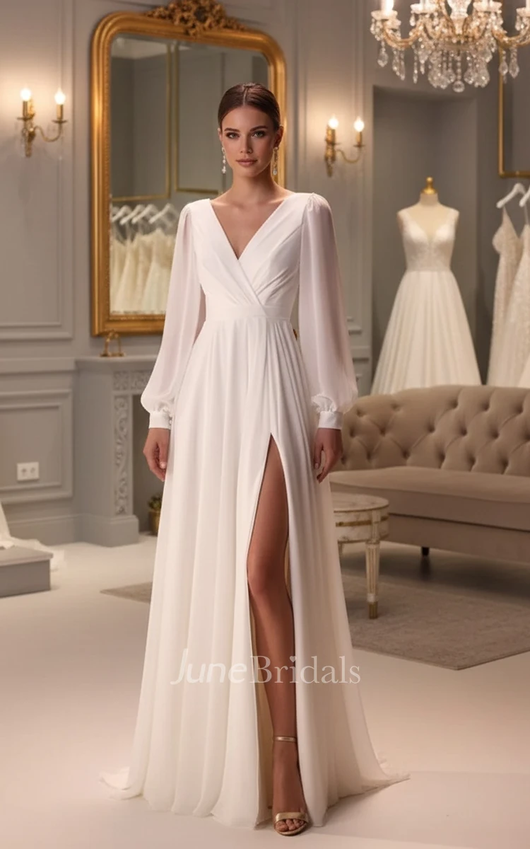 Simple Long Sleeve A-Line Chiffon Wedding Dress Maxi V-Neck Civil Bridal Gown with Slit