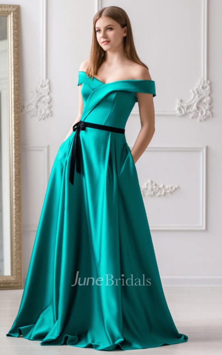 Casual A Line Short Sleeve Satin Off-the-shoulder Floor-length Formal Dress with Pockets